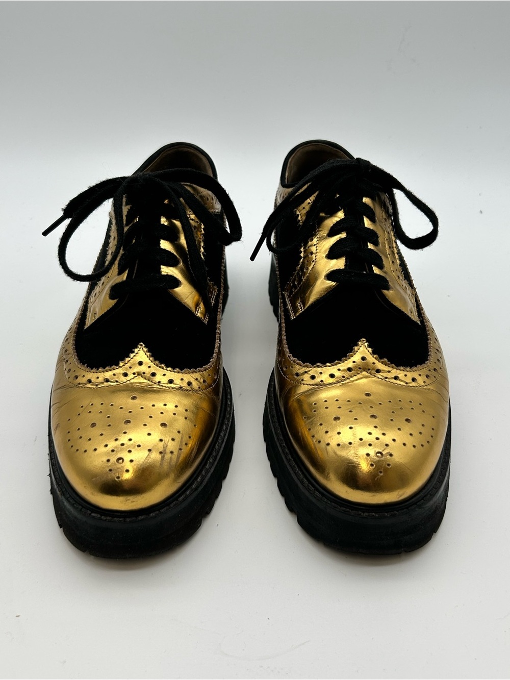 Marni Gold and Black Leather Wingtip Oxfords size 39
